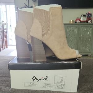 Qupid Taupe Heeled Peep-Toe Boots